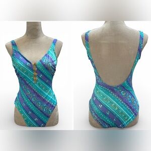 Vintage Mainstream Low Back One Piece Purple & Teal Swimsuit